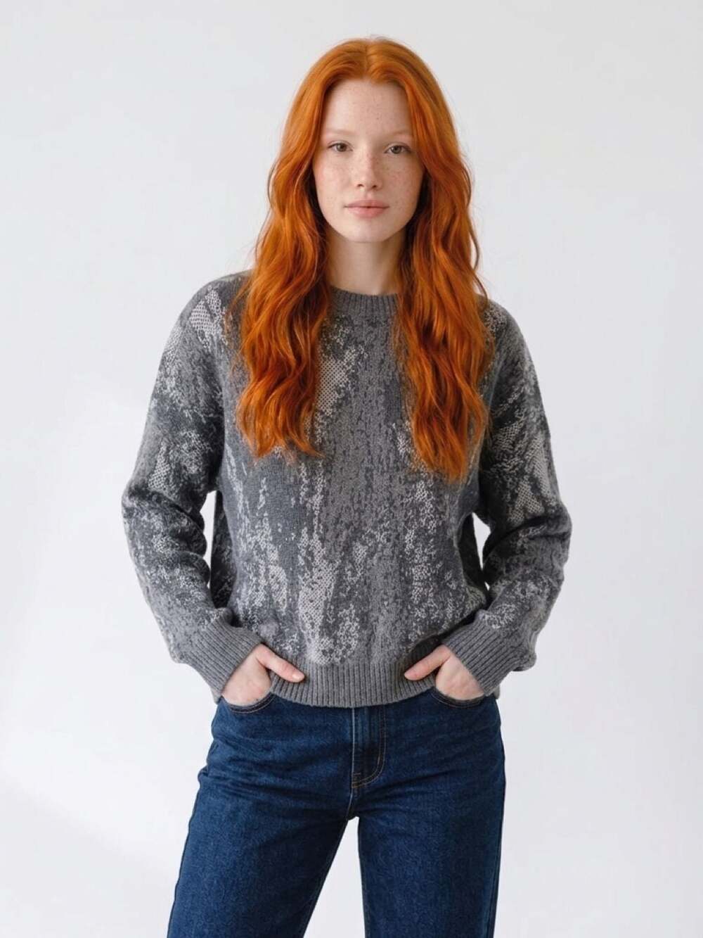 Hollister Boxy Fit Grey Patterned Crewneck Knit Sweater
